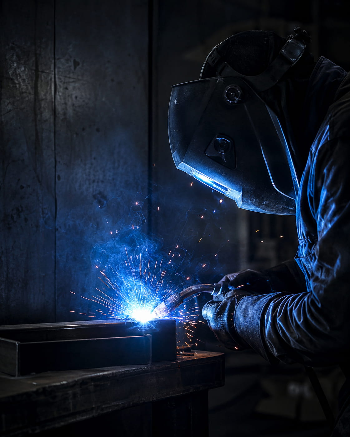 Soudeur au travail, avec étincelles